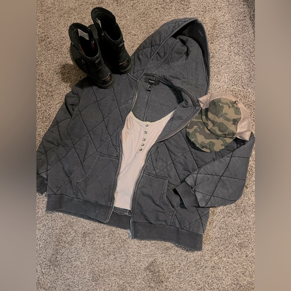 Forever 21 Quilted Zip-Up Hoodie - Charcoal Size Large
